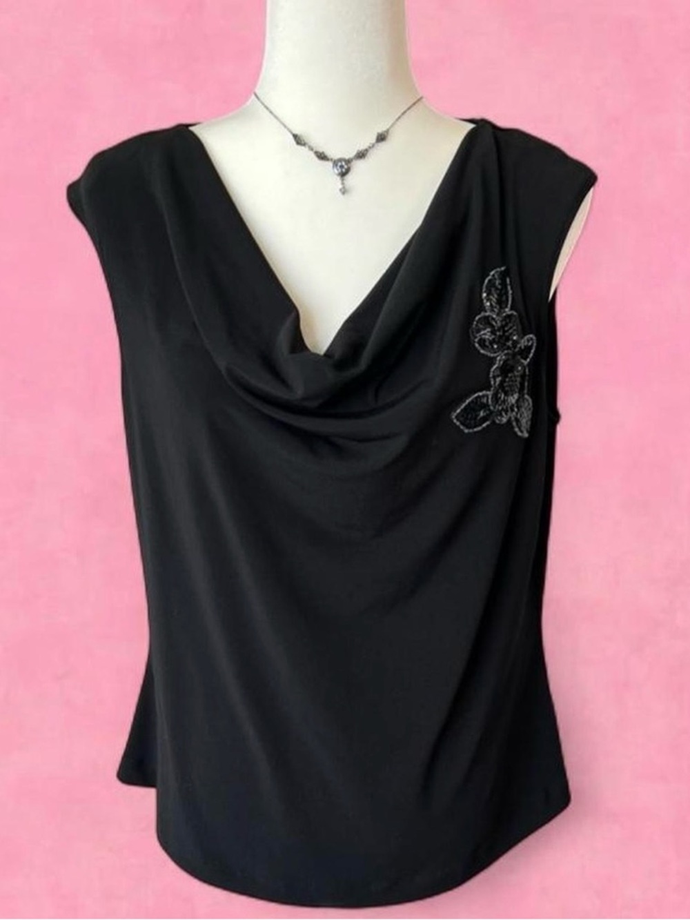Black Sleeveless Cowl Neck Blouse with Beaded Floral Detail